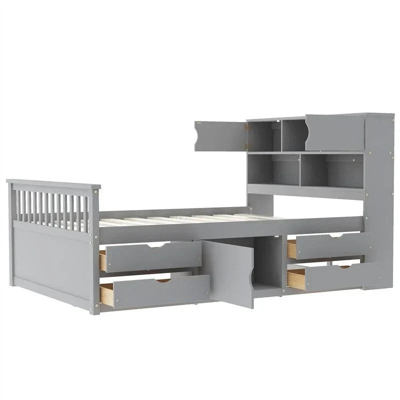 Lit plateforme capitaine double/grand avec 4 tiroirs et étagères de rangement, cadre de lit en bois massif avec tête de lit bibliothèque de rangement