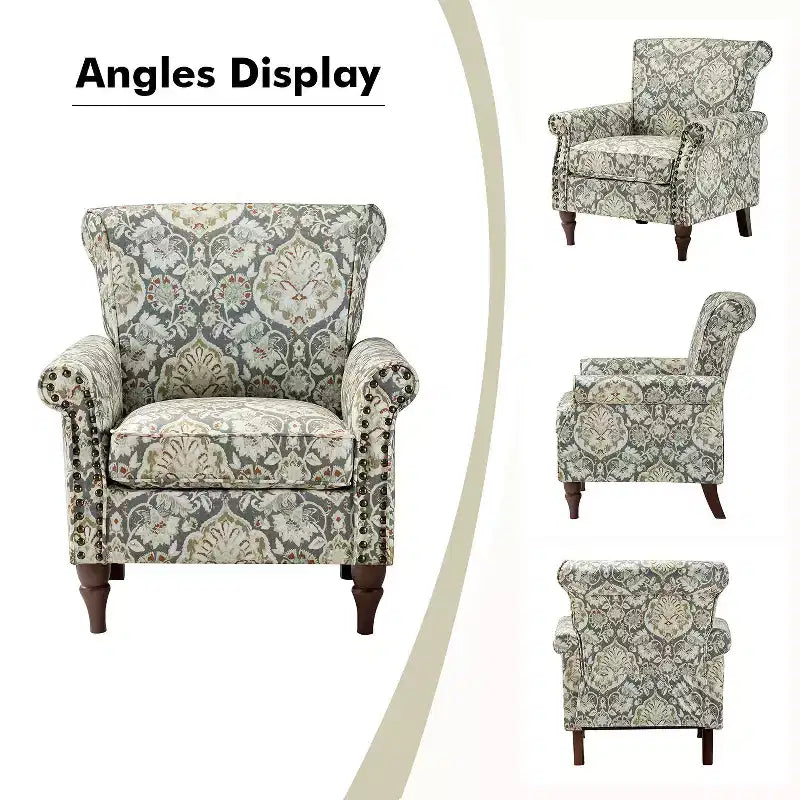 Fauteuil en bois traditionnel Araceli, rembourré à motifs floraux, avec dossier à oreilles et garniture cloutée | ART OF LIVING DESIGNS
