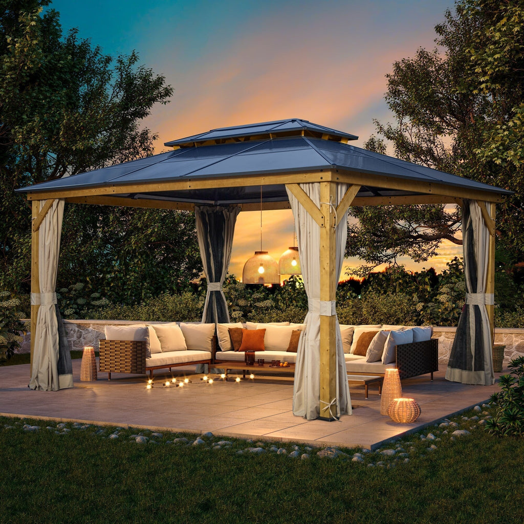 Tonnelle EROMMY à toit rigide, pergola extérieure avec double toit, moustiquaire et rideaux, auvent robuste pour patio, jardin, fête au bord de la piscine