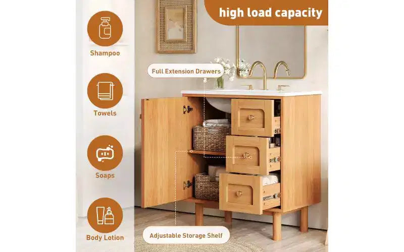 JVNOXK Meuble sous-vasque rustique moderne en céramique de 30 pouces avec 3 tiroirs et 1 grande porte à fermeture douce, meuble de rangement, grain de bois naturel