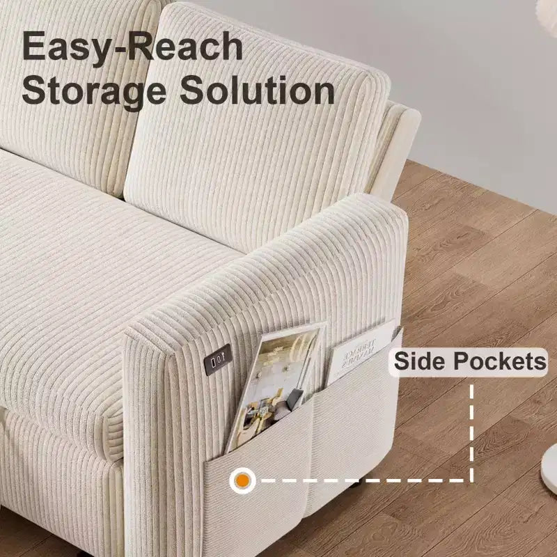 Canapé-lit Dyonery 2-en-1 avec méridienne de rangement, canapé sectionnel en velours côtelé avec ports USB pour salon