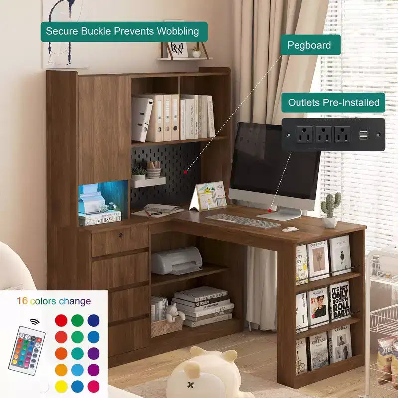 Bureau d'angle en L de 46 pouces avec bibliothèque et tiroirs