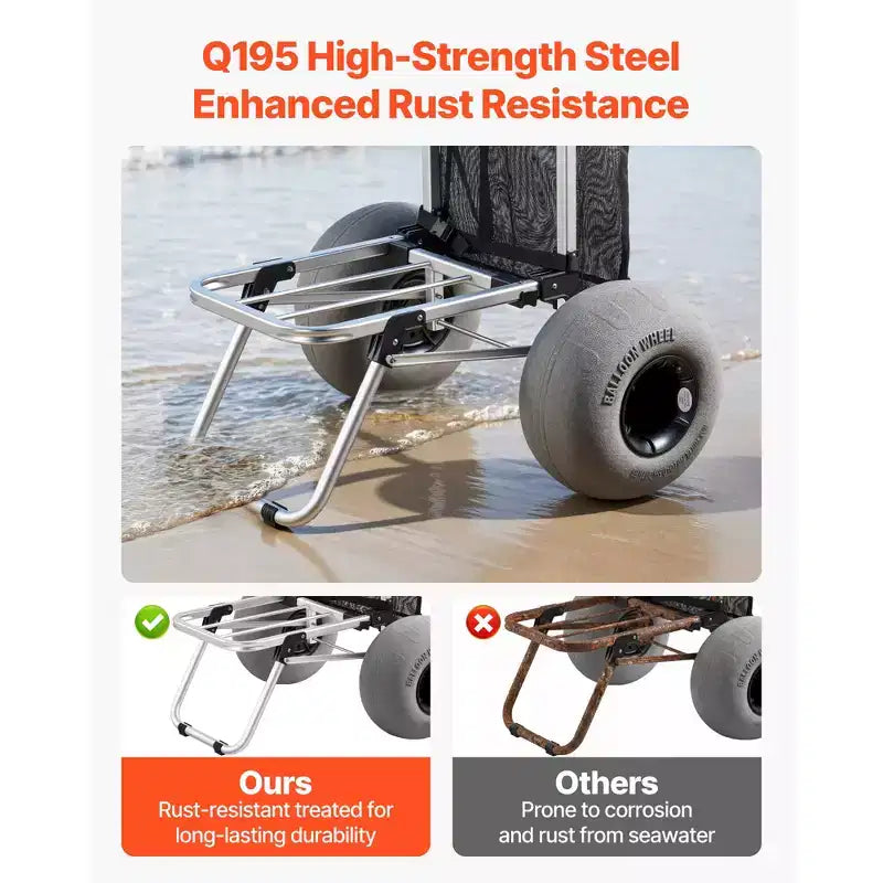 Chariot de plage VEVOR avec grandes roues pour le sable, plateforme de chargement 50,8 x 38,1 cm, chariot de sable pliant avec 2 roues ballon, capacité de charge 75 kg, argenté+noir
