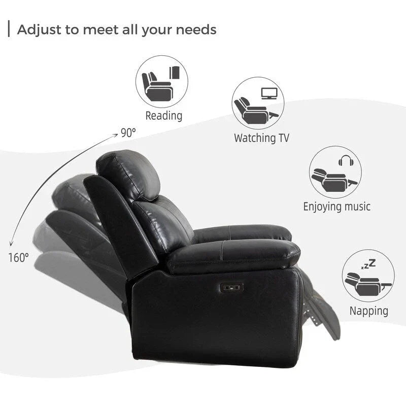 Canapé inclinable électrique avec chargeur sans fil, liseuse, lumière LED pour salon, similicuir, port AC/USB, porte-gobelet, noir