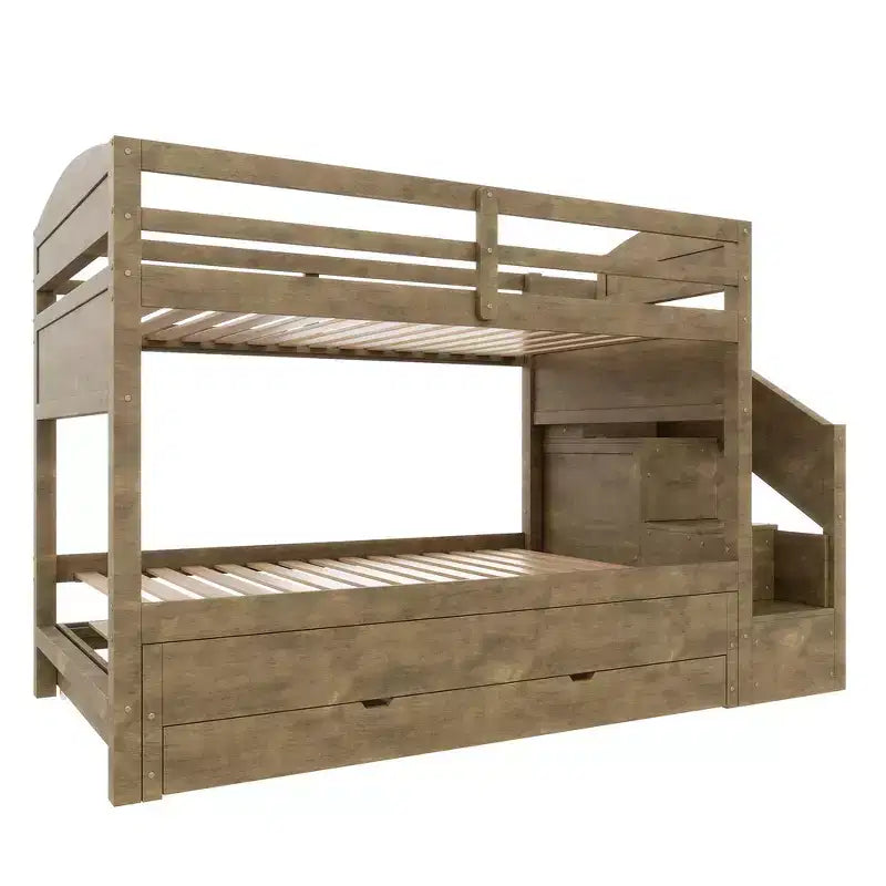 Lit superposé Whisen Twin XL avec lit gigogne, lit superposé avec rangement, lit superposé en bois massif, escalier de rangement, armoire, 3 tiroirs, pour enfants