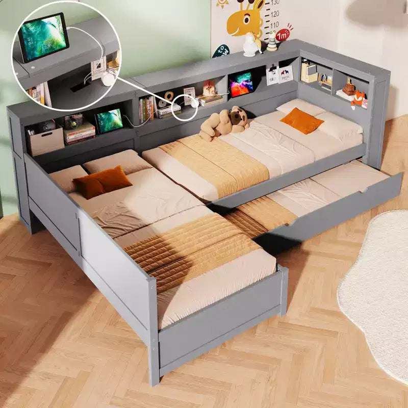 Lit plateforme en L de taille double avec lit gigogne et station de recharge, cadre de lit en bois avec étagère