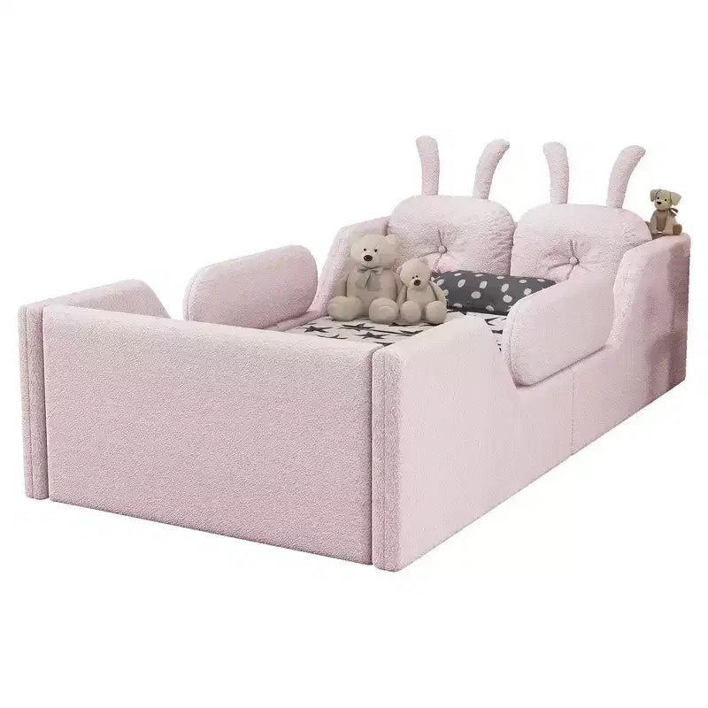 Lit plateforme double Whisen, cadre de lit rembourré pour enfants avec coussin lapin, barrières latérales amovibles