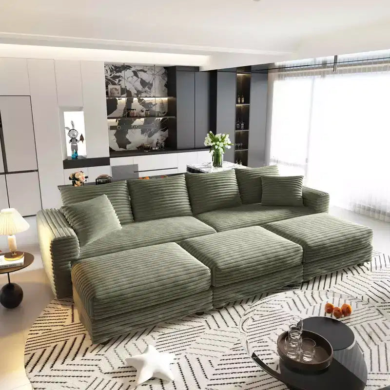 102.4 Canapé convertible 4 places en velours côtelé avec poufs – Vert
