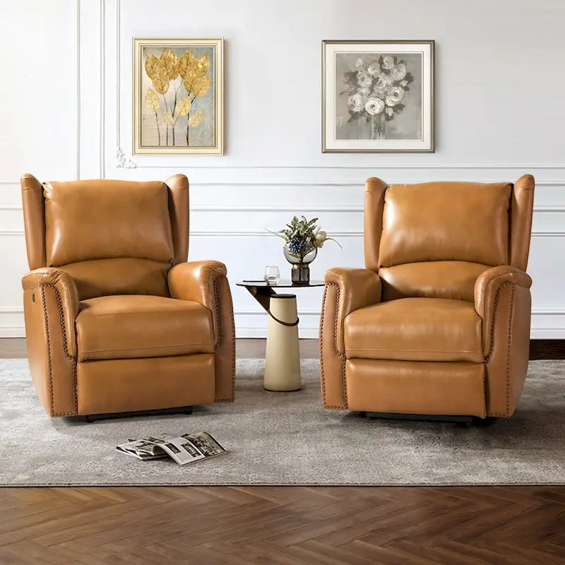 Fauteuil inclinable électrique en cuir véritable avec port USB – Dossier ailé clouté, ensemble de 2