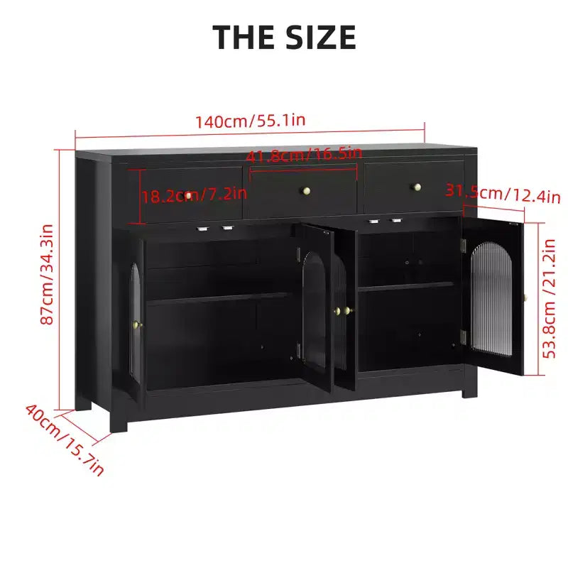 Buffet étroit de 140 cm avec 3 tiroirs et 4 portes pour cuisine, salle à manger, salon
