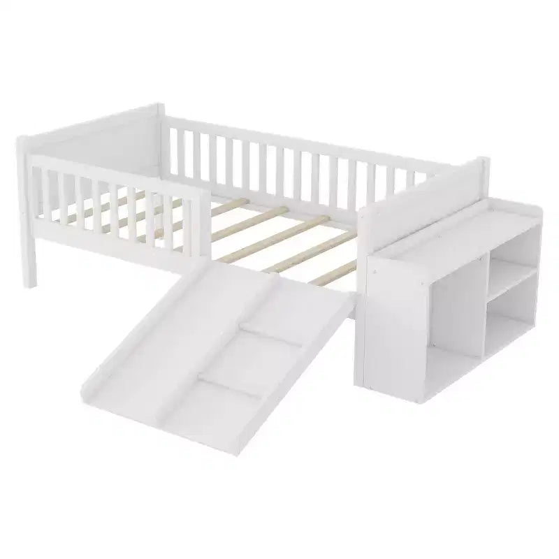 Lit superposé simple Whisen pour enfant avec toboggan, étagère de rangement mobile, balustrades, cadre de lit mezzanine bas