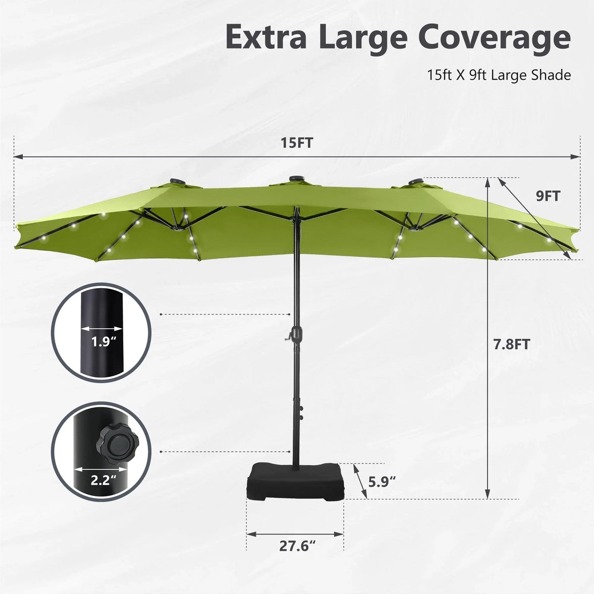 MAISON ARTS Parasol excentré rectangulaire de 4,5 m avec manivelle, parasol de marché double face d'extérieur avec lumières LED solaires et base incluse