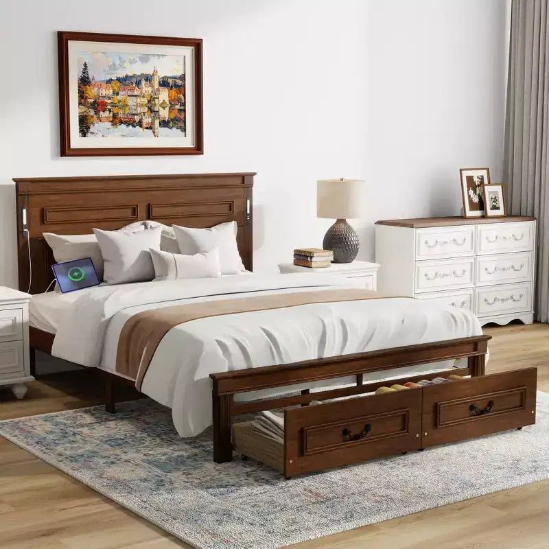 ModernLuxe Lit plateforme Queen/King Size avec tête de lit haute, cadre de lit rustique en bois avec 2 tiroirs, lumières LED et ports USB