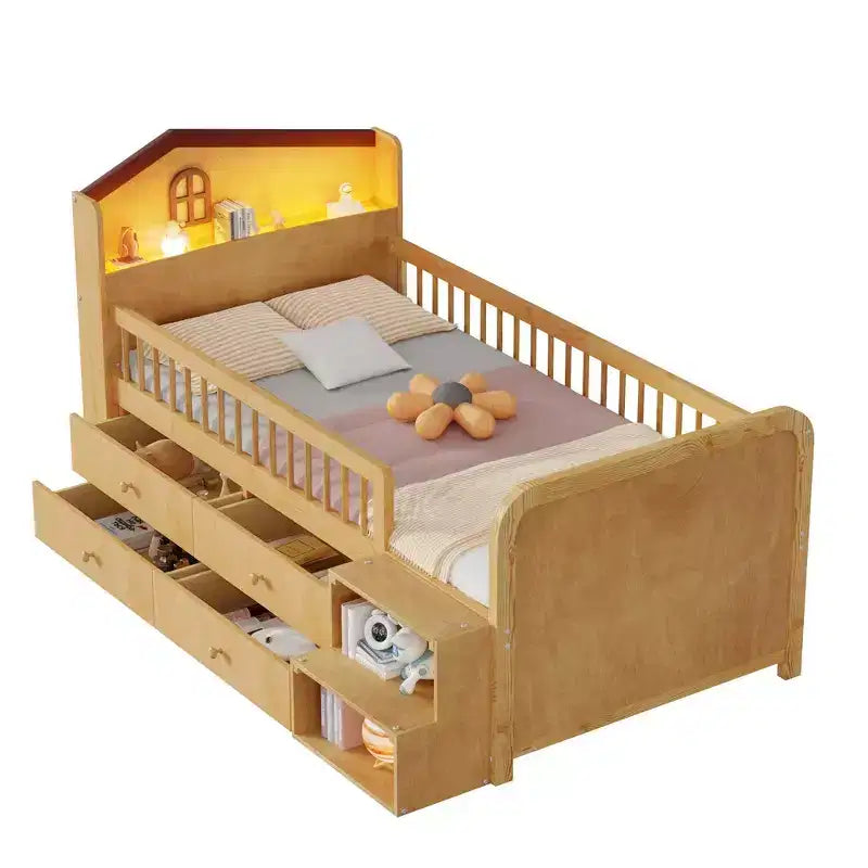 Lit mezzanine bas Whisen avec lumières LED, tête de lit en forme de maison et tiroirs de rangement, construction robuste