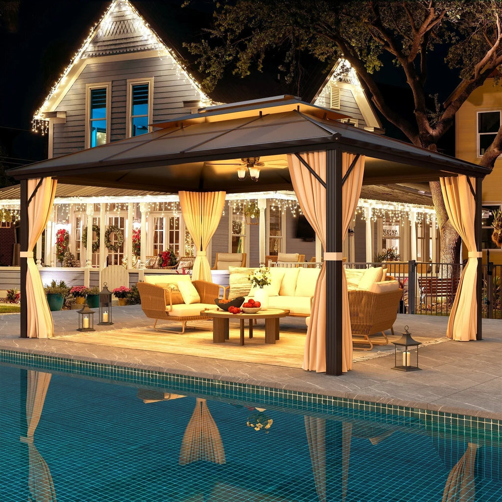 Tonnelle EROMMY à toit rigide, pergola extérieure avec double toit, moustiquaire et rideaux, auvent robuste pour patio, jardin, fête au bord de la piscine