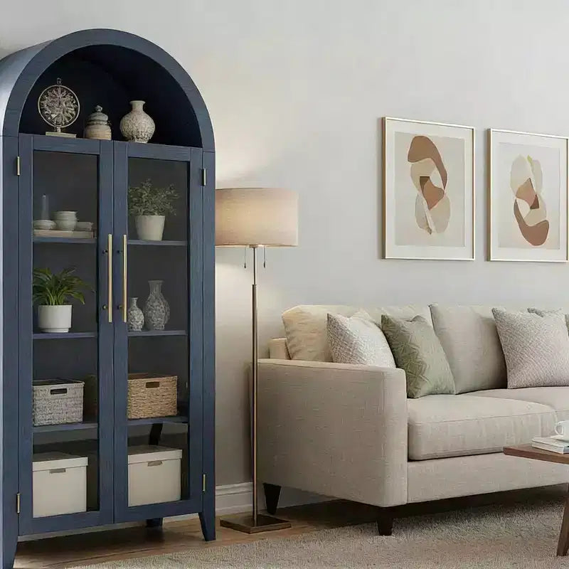 Haut meuble de rangement arqué avec portes vitrées, bibliothèque de présentation à 5 niveaux avec étagères réglables pour cuisine ou salon