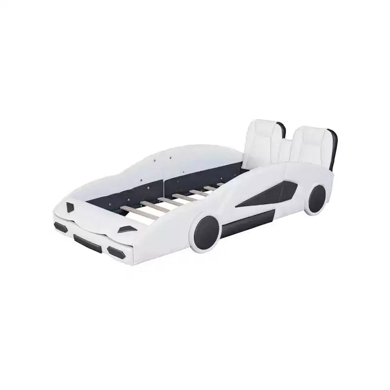 Lit plateforme Whisen Wood en forme de voiture de course, taille double, avec LED et dossier rembourré