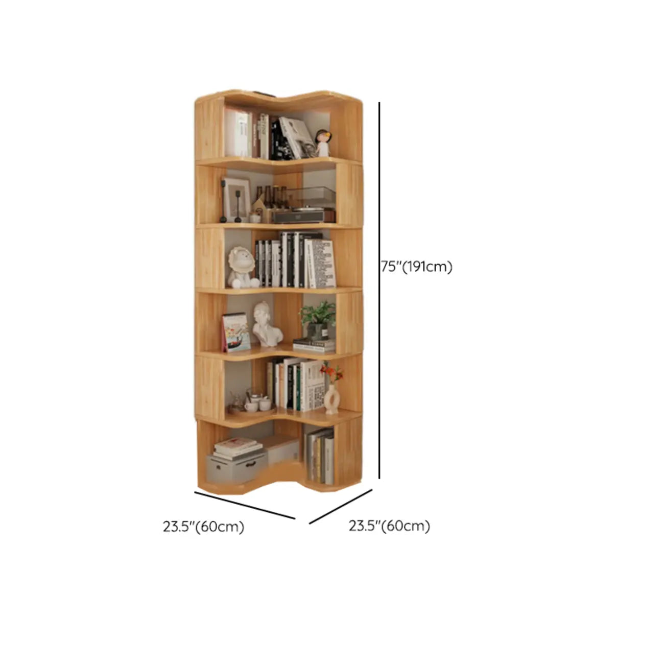 Bibliothèque verticale en bois en L à dos ouvert, finition naturelle