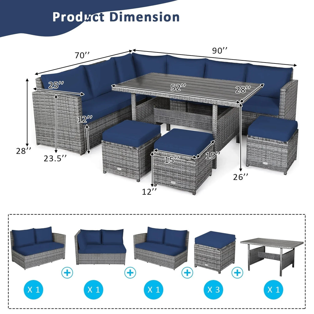Ensemble de salle à manger Costway 7 pièces en rotin pour terrasse, canapé sectionnel et pouf - Voir détails