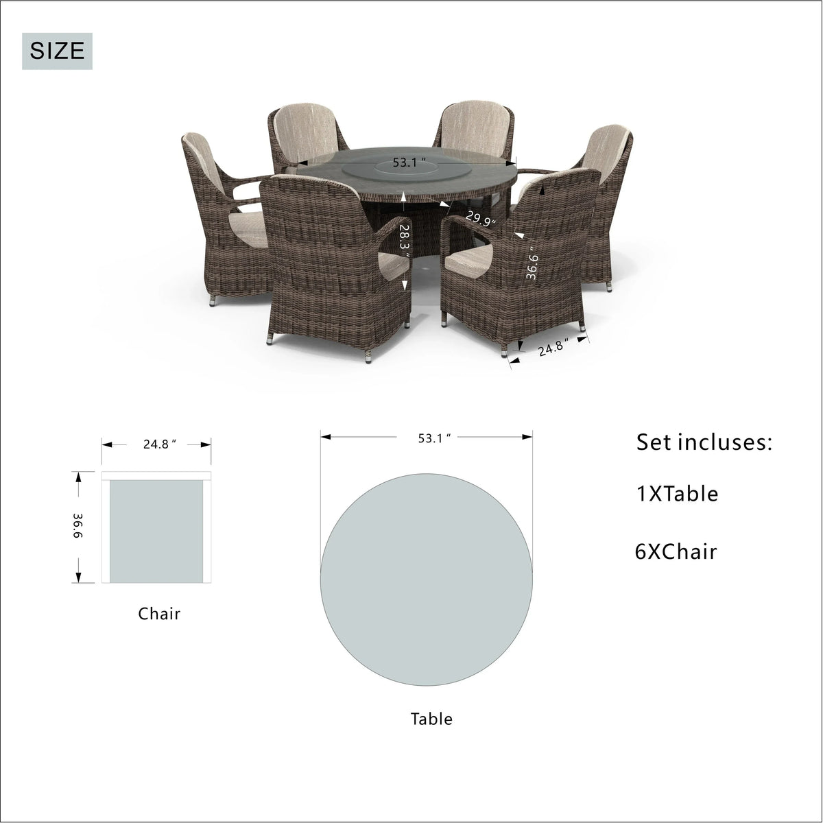 Ensemble de salle à manger rond 7 pièces en rotin tressé d'extérieur avec coussins par Moda Furnishings