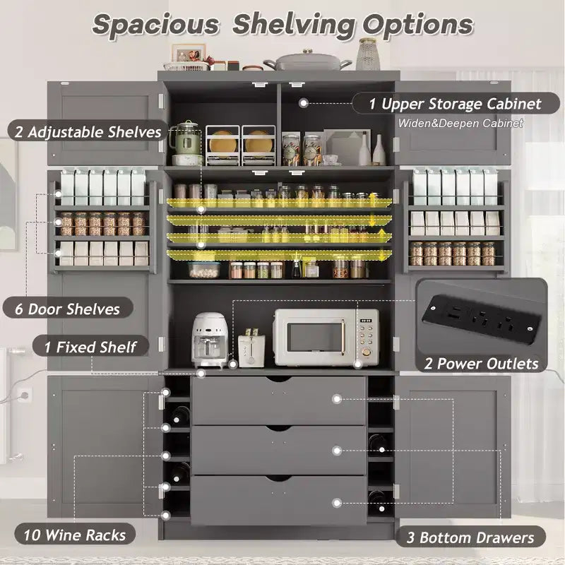 Grand meuble de garde-manger de cuisine avec prises électriques, grand placard autoportant avec support pour micro-ondes, tiroirs, étagères, casiers à vin et étagère de porte