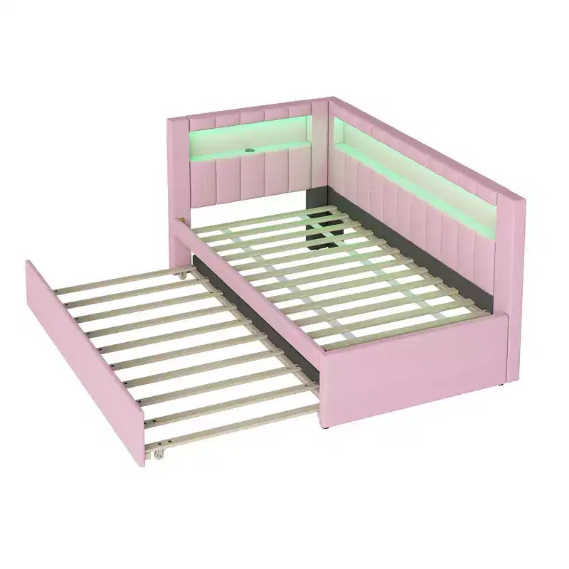 Lit de repos double/complet avec tiroir gigogne et tête de lit bibliothèque en L, lit d'angle doux rembourré en lin avec étagères de rangement et bande LED