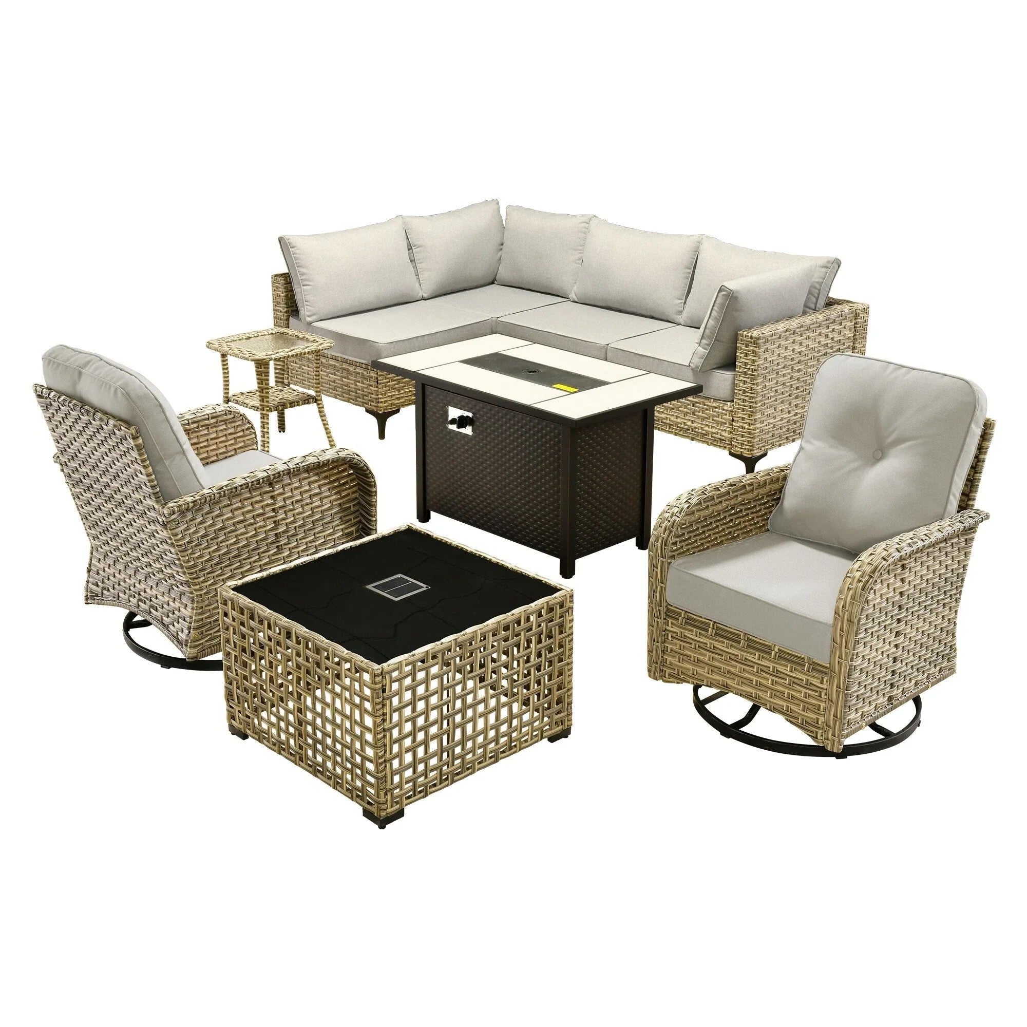 Ensemble de 9 chaises pivotantes en osier d'extérieur OVIOS avec table brasero