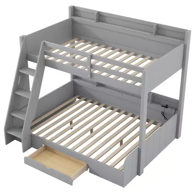 Lit superposé double sur toute la longueur avec rangement, lumières LED et station de charge, lit superposé en bois avec étagères latérales pour enfants et adolescents