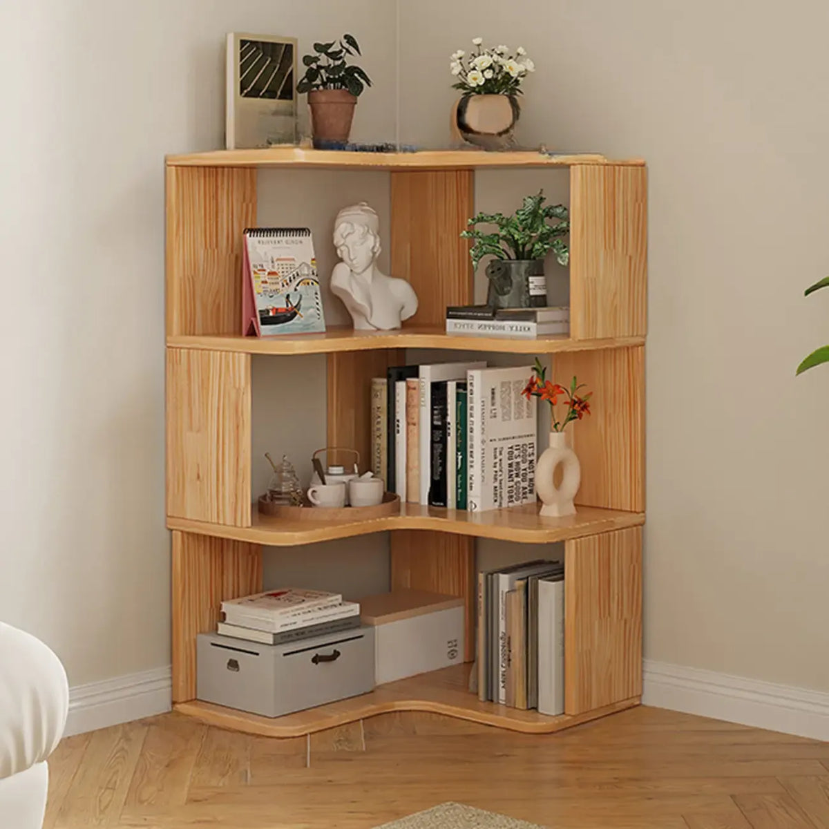 Bibliothèque verticale en bois en L à dos ouvert, finition naturelle