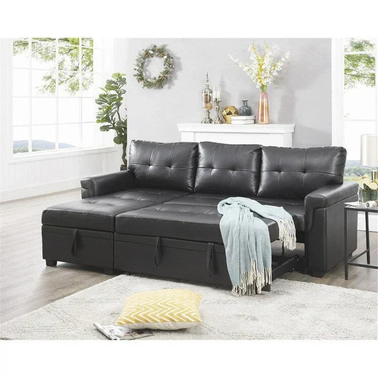 Canapé d'angle réversible convertible avec lit gigogne, méridienne de rangement et pieds durables