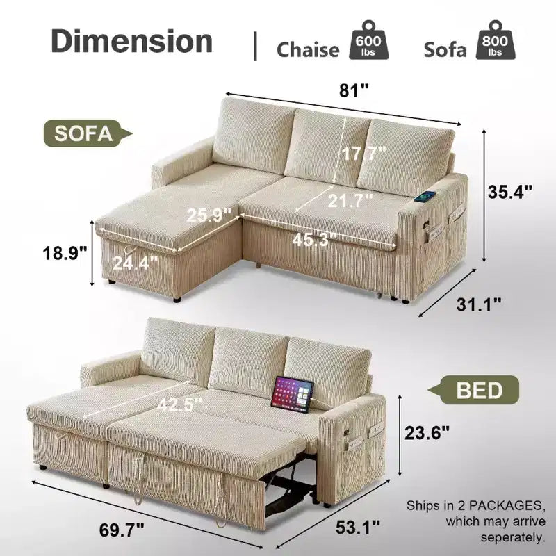 Canapé-lit Dyonery 2-en-1 avec méridienne de rangement, canapé sectionnel en velours côtelé avec ports USB pour salon