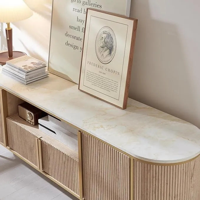 Meuble TV de luxe moderne, meuble de divertissement, avec plateau en faux marbre
