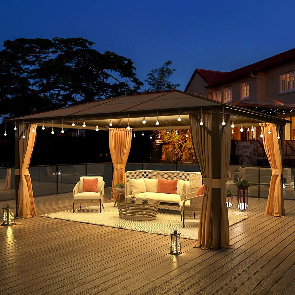 Tonnelle EROMMY à toit rigide, pergola extérieure avec double toit, moustiquaire et rideaux, auvent robuste pour patio, jardin, fête au bord de la piscine