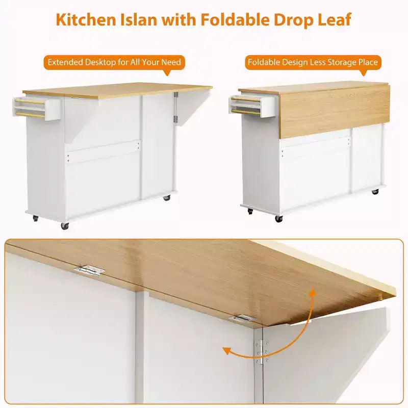 Table îlot mobile 55 avec prise de courant et abattant, chariot de cuisine roulant avec poubelle intégrée pour cuisine