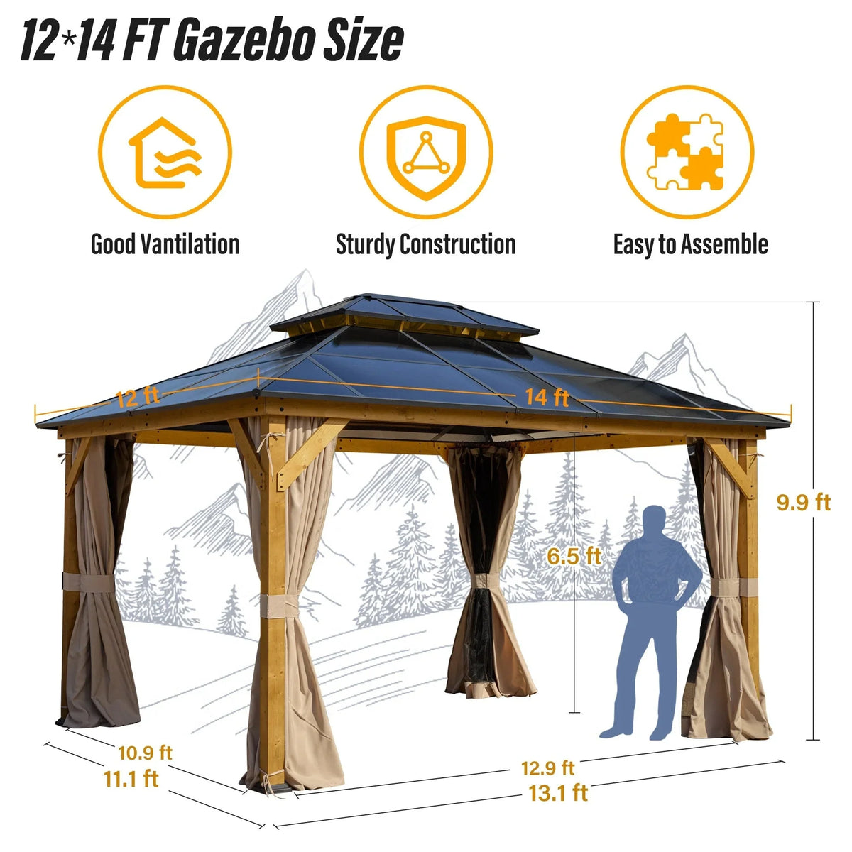 Tonnelle EROMMY à toit rigide, pergola extérieure avec double toit, moustiquaire et rideaux, auvent robuste pour patio, jardin, fête au bord de la piscine