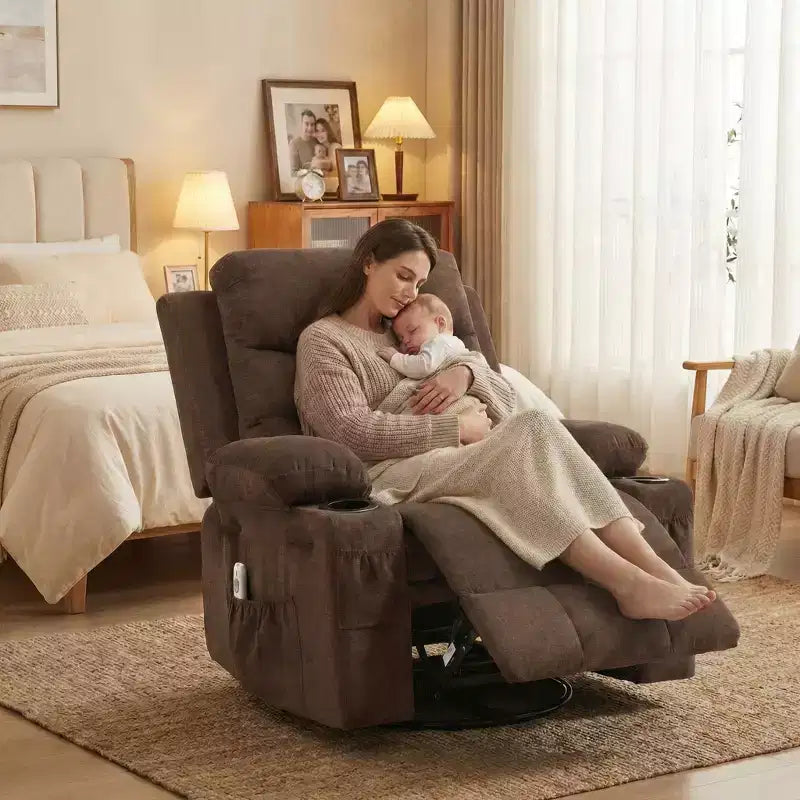 Fauteuil inclinable surdimensionné 360 pivotant et berçant avec massage et chaleur - Fauteuil de salon ergonomique avec porte-gobelets, poches latérales pour salon, chambre de bébé