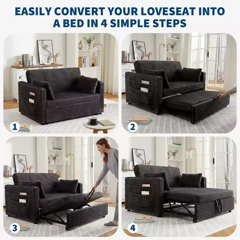Canapé-lit convertible 55 pouces avec repose-pieds escamotable et dossier réglable, canapé peu encombrant pour petits appartements
