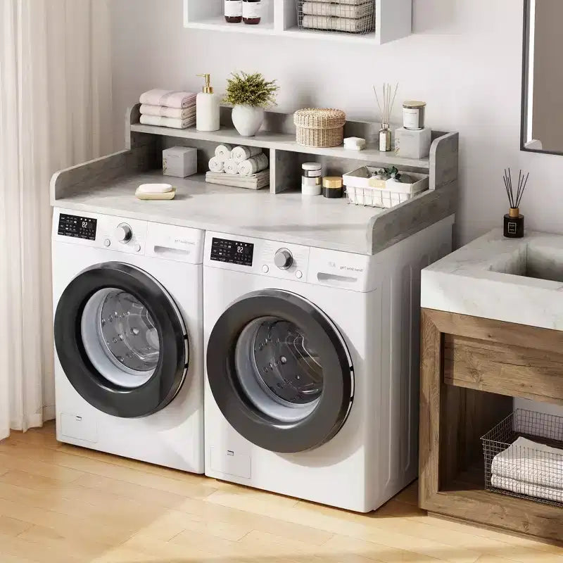 Comptoir de lave-linge et sèche-linge à 2 niveaux avec étagère ou tiroirs, couvercle de comptoir de buanderie avec coussin antidérapant, 54x27,5 - Dessus de lave-linge pour plier les vêtements