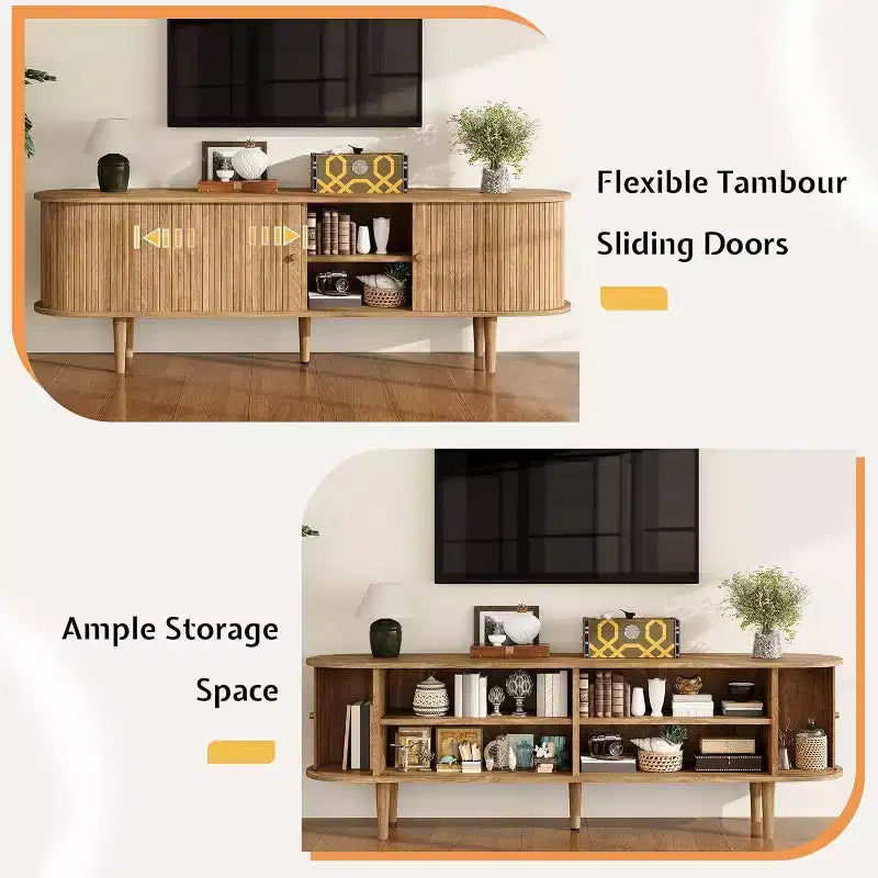 Meuble TV AMERLIFE 70 avec pieds en bois massif, console TV de style moderne du milieu du siècle avec porte à tambour