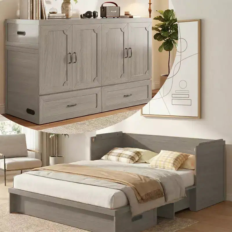Lit armoire escamotable convertible Mjkone Queen Size avec chargement USB, tiroirs de rangement, matelas non inclus