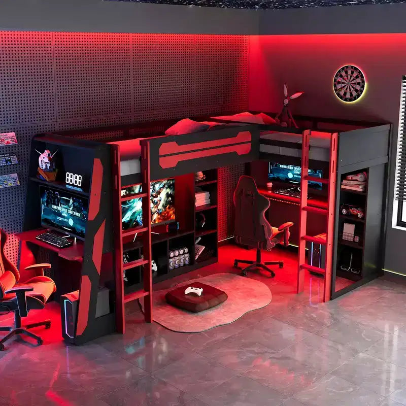 Lit mezzanine de jeu en L avec bureaux, lits superposés doubles avec lumières LED, ports USB, étagères de rangement, lit mezzanine d'angle en bois pour 2 personnes