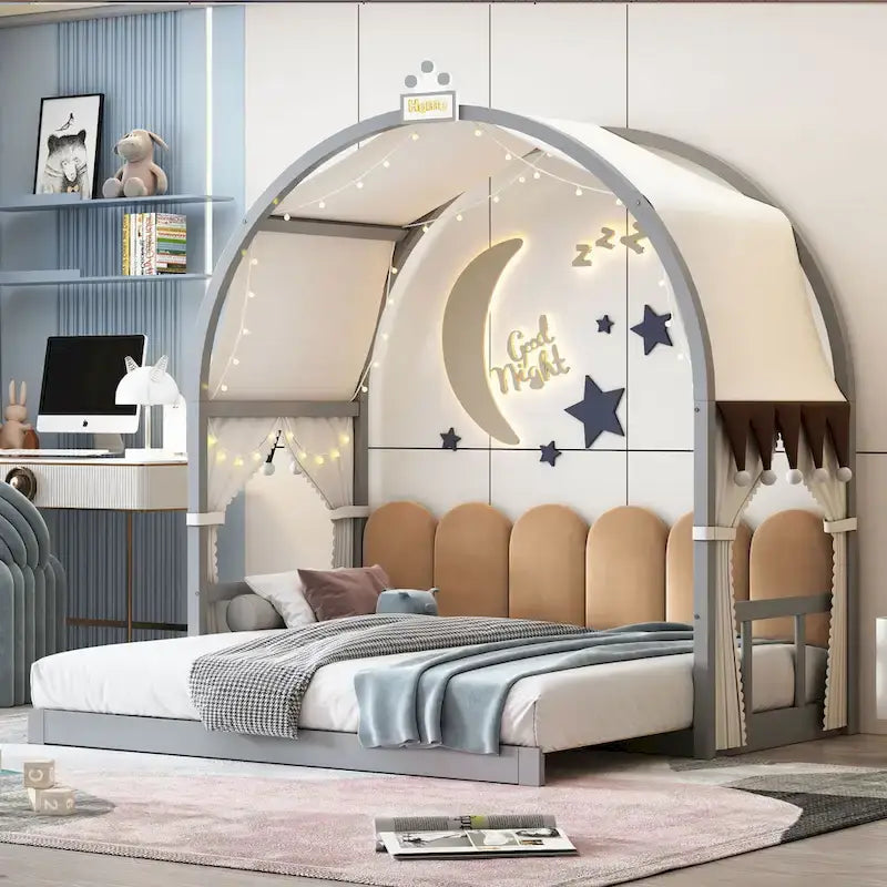 Lit cabane Montessori en bois massif avec plateforme, toit voûté et lit gigogne pour filles et garçons
