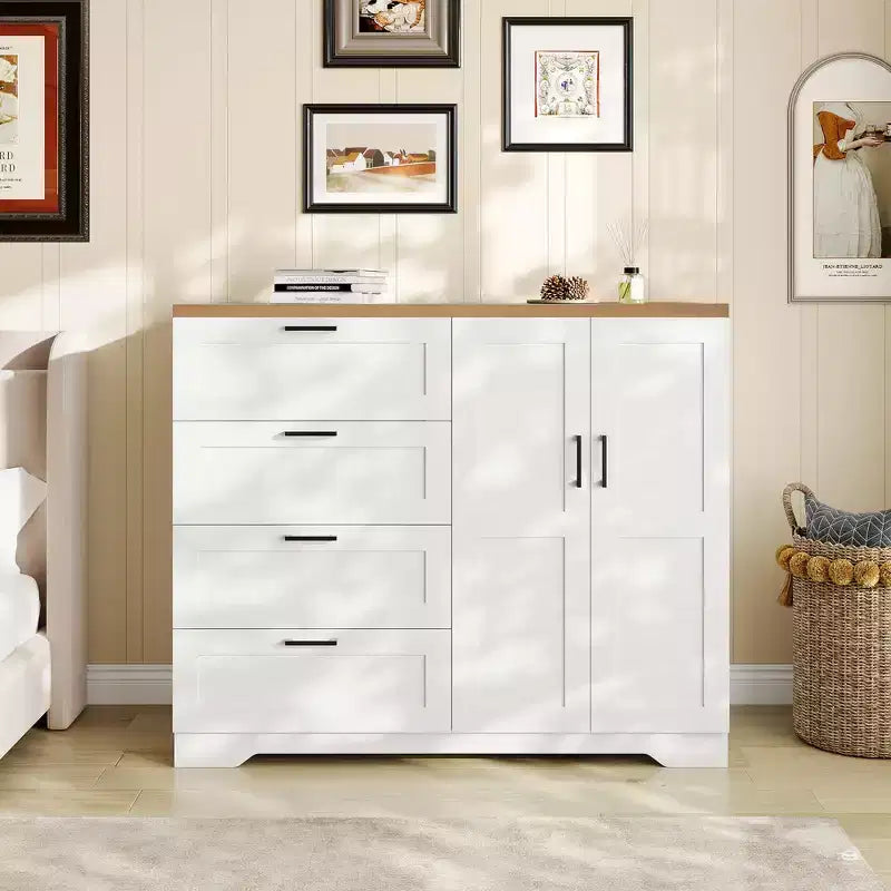 Armoire de chambre en bois de 110 cm (43,3 po) avec 4 tiroirs et tringle à vêtements, commode de rangement multifonctionnelle pour vêtements