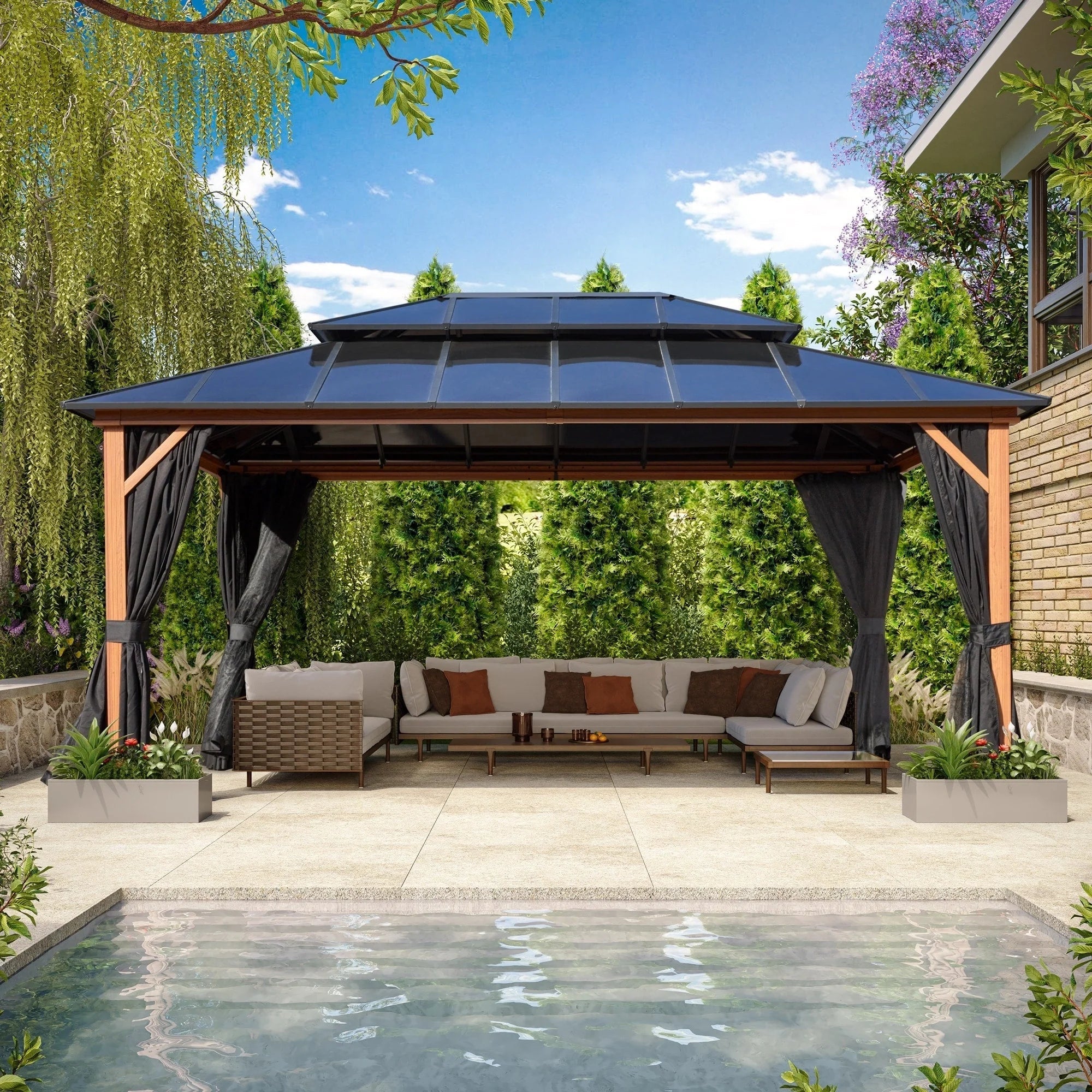 Tonnelle EROMMY à toit rigide, pergola extérieure avec double toit, moustiquaire et rideaux, auvent robuste pour patio, jardin, fête au bord de la piscine