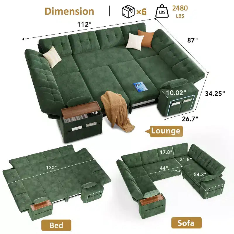 Dyonery 112 Canapé modulaire convertible avec lit gigogne, canapé d'angle en U avec rangement, canapés extra larges et profonds pour salon