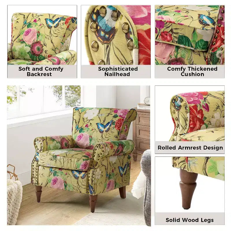 Fauteuil en bois traditionnel Araceli, rembourré à motifs floraux, avec dossier à oreilles et garniture cloutée | ART OF LIVING DESIGNS