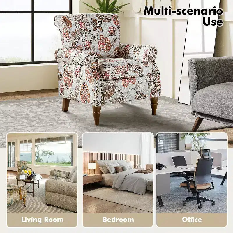 Fauteuil en bois traditionnel Araceli, rembourré à motifs floraux, avec dossier à oreilles et garniture cloutée | ART OF LIVING DESIGNS