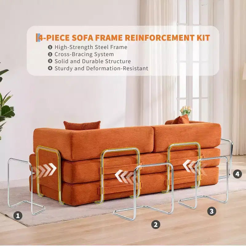 Canapé convertible, matelas pliant 5-en-1 de 78,8 po, cadre en acier à forme fixe, velours côtelé avec oreillers