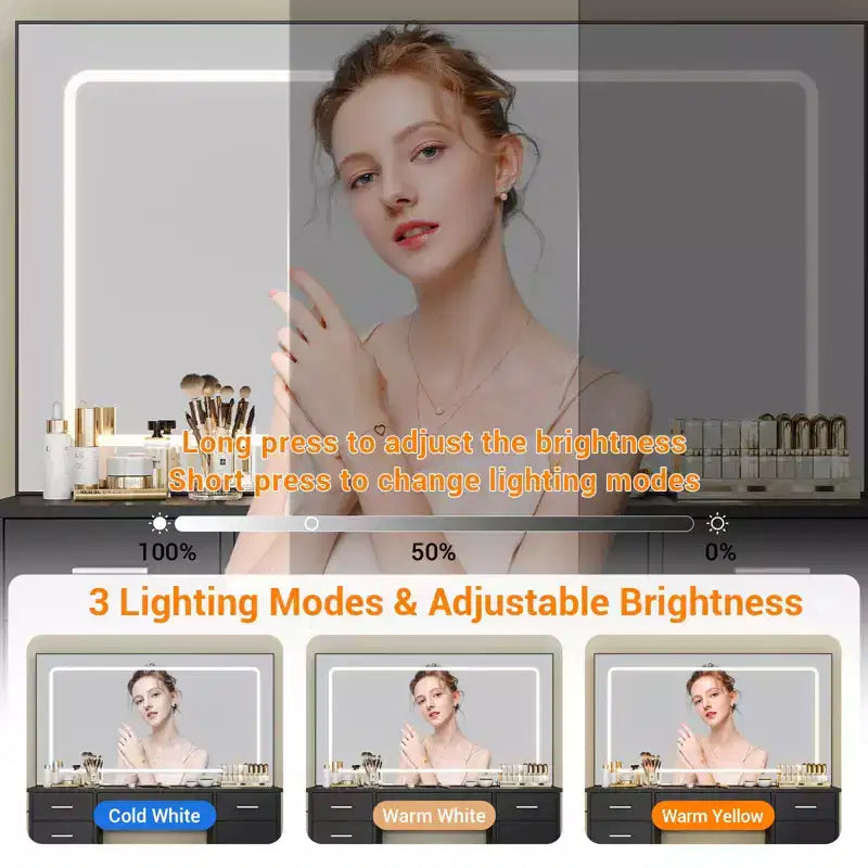 Coiffeuse moderne avec grand miroir, 7 tiroirs, lumières LED, chaise, 3 modes d'éclairage, support pour sèche-cheveux et station de recharge pour chambre à coucher