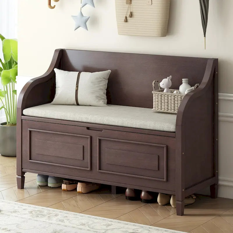 Banc de rangement rustique en bois massif pour entrée avec charnière de sécurité